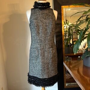 Per Se Elegant Black and Gray Tweed Dress with Removable Additional Neck Trim